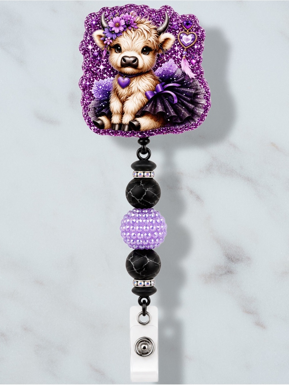 Cow Black & Purple Tutu Beaded Badge Reel